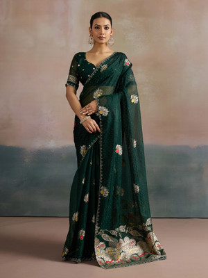 Divastri Woven Daily Wear Organza Saree(Dark Green)