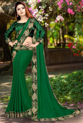 Anugrah Textile Solid/Plain Banarasi Lycra Blend, Chiffon Saree(Green)