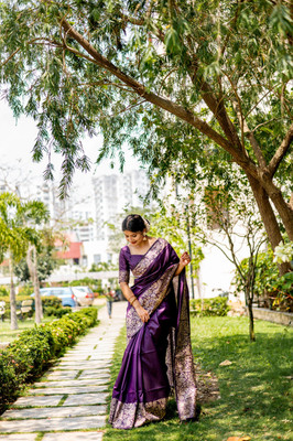 PeachPetals Woven Handloom Cotton Silk Saree(Purple)