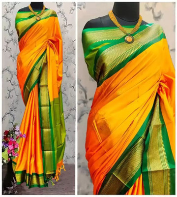 HouseOfCommon Temple Border Bollywood Cotton Silk Saree(Multicolor)