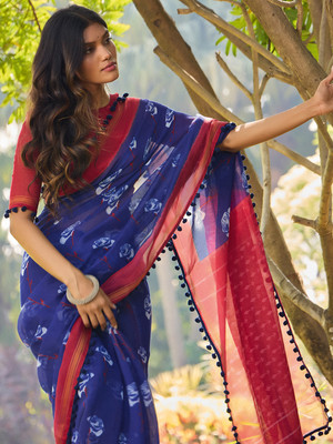 ANOUK Printed Hand Batik Cotton Blend Saree(Blue)
