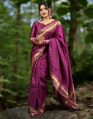 Samah Woven, Embellished Banarasi Silk Blend, Jacquard Saree(Purple, Gold)