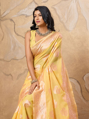 PRIMENIKS Woven Banarasi Cotton Silk Saree(Yellow)