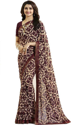 RAJESHWAR FASHION Checkered, Printed Bollywood Georgette Saree(Brown, Maroon, Beige)