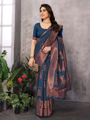 Soor Panchi Woven Banarasi Pure Silk Saree(Blue)