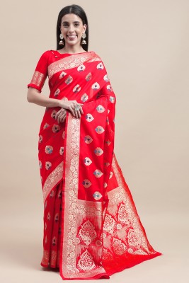 manvaa Woven Kanjivaram Silk Blend Saree(Red)