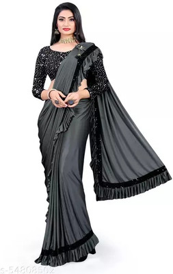 KSENTERPRISE Solid/Plain Bollywood Lycra Blend Saree(Grey)