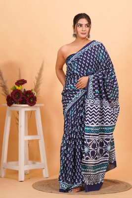 Akshara Fashion Printed Daily Wear Pure Cotton Saree(Dark Blue)