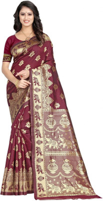 ETHNICHITZ Woven Banarasi Jacquard, Silk Blend Saree(Maroon)