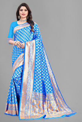 THE ETHNIC SAREE STUDIO Woven Kanjivaram Pure Silk Saree(Light Blue)