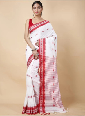 RRBB Self Design Handloom Pure Cotton Saree(White)