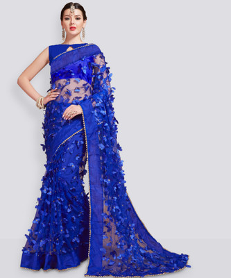 indian youth Self Design Bollywood Net Saree(Blue)