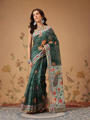 SILK ZONE Digital Print Chanderi Cotton Blend Saree(Green)