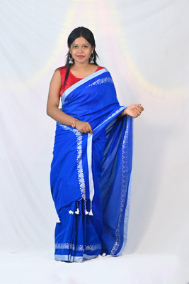 Ahana Textile Solid/Plain Handloom Cotton Blend Saree(Dark Blue)