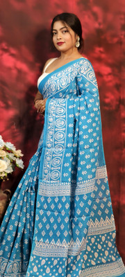 Sareestri Printed Chanderi Pure Cotton Saree(Blue)