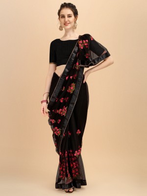 ALAGINI Embroidered Bollywood Net Saree(Black)