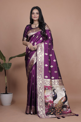 TRINETRA STUDIO Embroidered Banarasi Cotton Silk Saree(Purple)