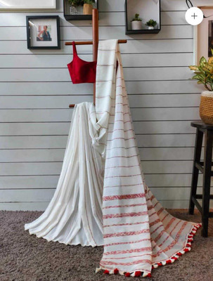 Abharani Saree Kuthir Solid/Plain Bollywood Cotton Blend Saree(White)