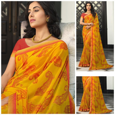 SARIK Printed, Self Design, Graphic Print, Floral Print, Checkered, Solid/Plain Bollywood Georgette, Chiffon Saree(Yellow)