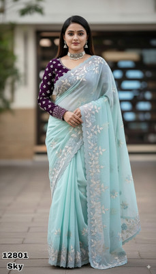 BrownSoilOrganics Floral Print Bollywood Georgette Saree(Black, Yellow)