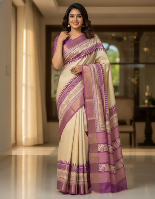vastrall mall Woven, Solid/Plain, Paisley, Temple Border, Self Design Bhagalpuri Tussar Silk Saree(Cream)