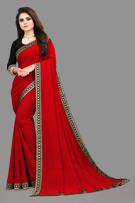 Aai shree khodiyar Solid/Plain, Embroidered Daily Wear Georgette, Chiffon Saree(Red)