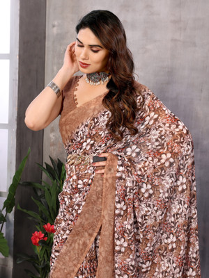 AMBUJAINTERNATIONAL Printed Bollywood Georgette Saree(Cream)