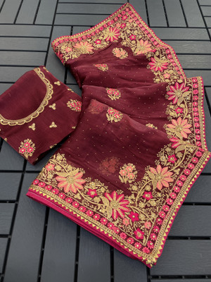 MIYANIFAB Embroidered, Floral Print Bollywood Jimmy choo Saree(Maroon)