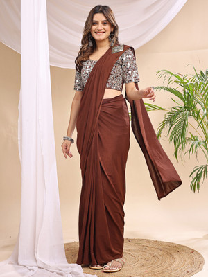 VRAJTEX FAB Solid/Plain Bollywood Lycra Saree(Brown)