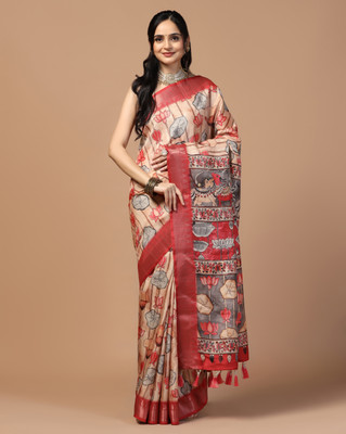KAHIRAA WHOLETEX Printed Kalamkari Tussar Silk Saree(Beige)
