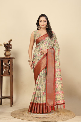 J6 Designers Floral Print Madhubani Cotton Silk Saree(Gold)
