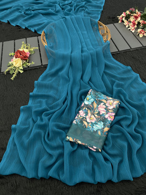 Sanskriti Synthetics Solid/Plain Handloom Chiffon Saree(Blue)