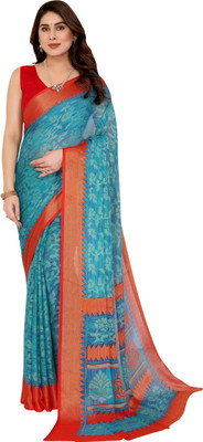 Divastri Printed Bollywood Brasso, Chiffon Saree(Light Blue, Red)