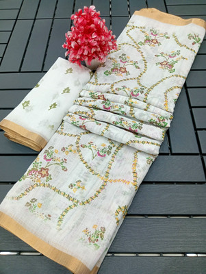 HangerStories Printed Kanjivaram Pure Cotton, Cotton Linen Saree(White)