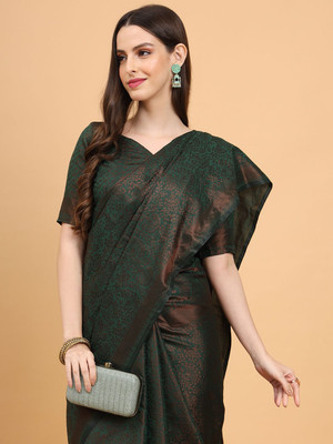 SAPTAK FASHION Woven Handloom Handloom Cotton Blend Saree(Dark Green)