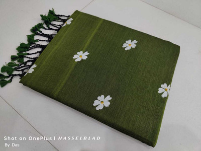 pal saree mahal Floral Print Hand Batik Cotton Blend Saree(Silver)