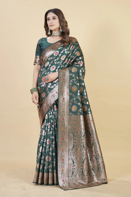 SATQ Woven, Floral Print Kanjivaram Cotton Silk Saree(Dark Green, Gold)