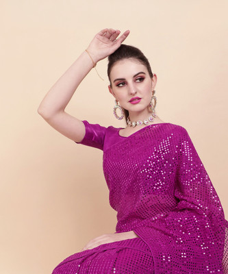 Clemira Checkered, Embellished Bollywood Georgette Saree(Pink)