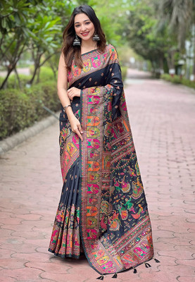 LIEBESGEWAND Woven, Floral Print Banarasi Semi-Pashmina Saree(Black)