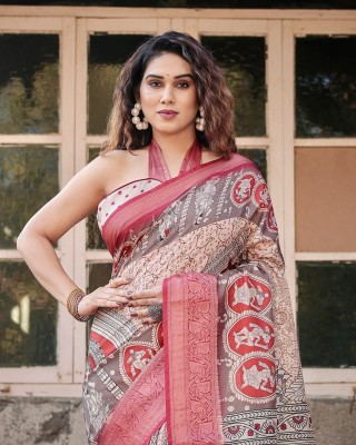 ALMAARI FASHION Digital Print Kalamkari Silk Blend Saree(Beige)