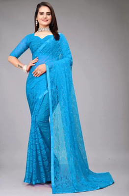 Suali Self Design Bollywood Net Saree(Light Blue)