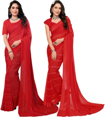 Anand Sarees Striped Bollywood Satin Saree(Pack of 2, Red)