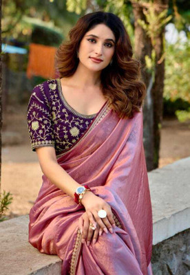 Urvashicreation Embroidered, Solid/Plain Bollywood Crepe Saree(Pink)