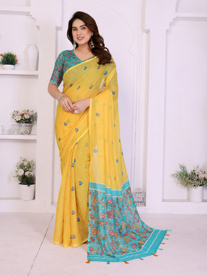 Moda Rapido Floral Print Bollywood Cotton Blend Saree(Yellow)