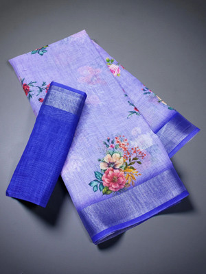 Myraani Floral Print Daily Wear Cotton Linen Saree(Blue)