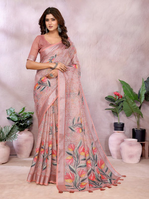 BINAKA FASHION Printed, Floral Print Daily Wear Jacquard, Cotton Linen Saree(Pink)