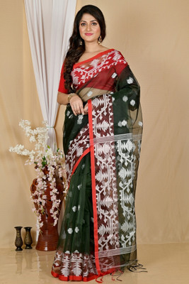 ADbutiq Digital Print Jamdani Handloom Muslin Saree(Brown)