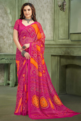 SainiVastra Printed Bandhani Chiffon Saree(Pink)