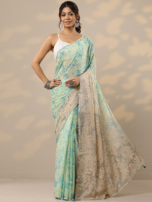 LIBAS Printed, Self Design Daily Wear Silk Blend Saree(Blue, Gold)
