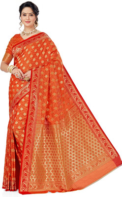Manokamna Printed Kanjivaram Silk Blend Saree(Orange)